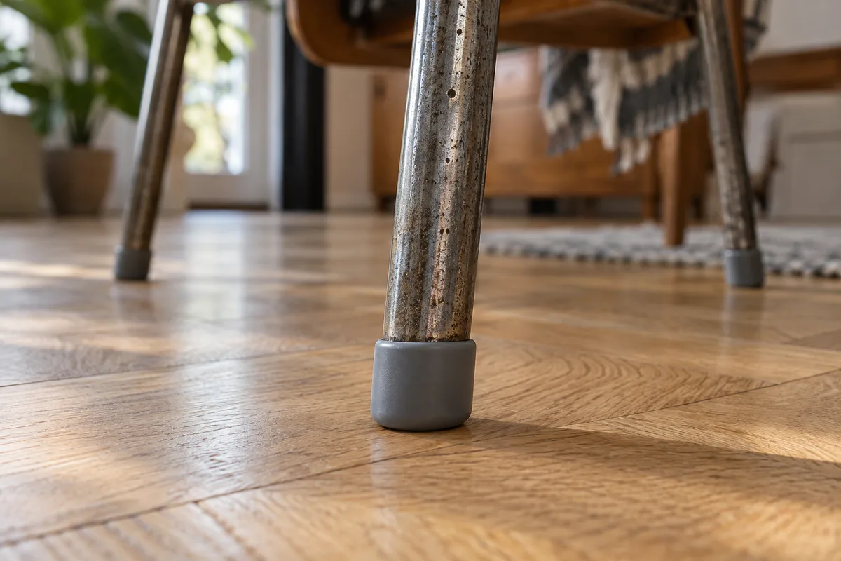 Pied rond en acier d&rsquo;une chaise vintage posé sur un parquet clair, embout en silicone en place