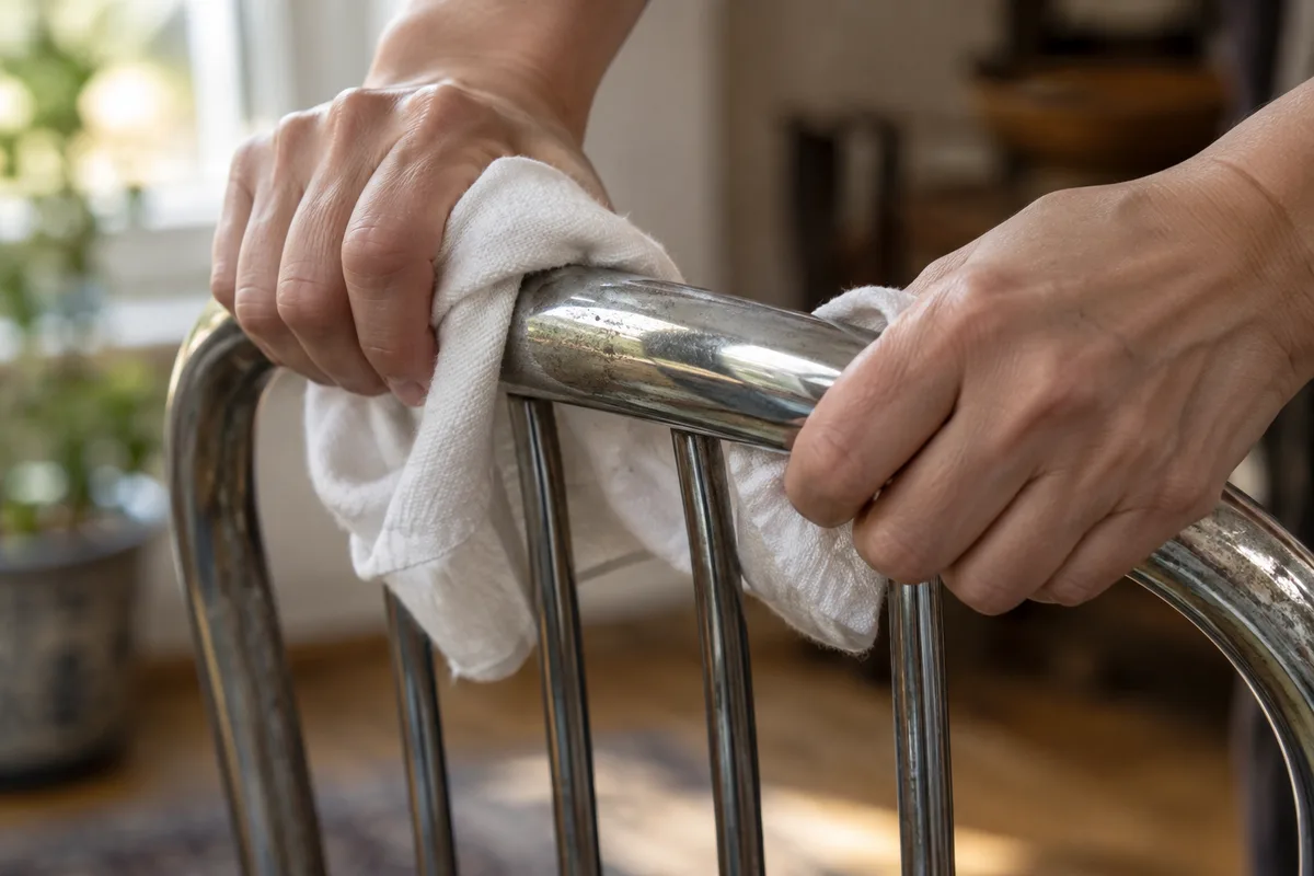 Mains frottant le tube chromé d&rsquo;une chaise ancienne avec un chiffon doux