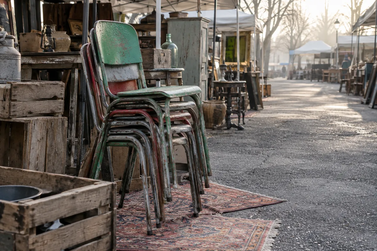 Chaises métalliques empilées sur un stand de brocante en plein air, tôle et tubes patinés