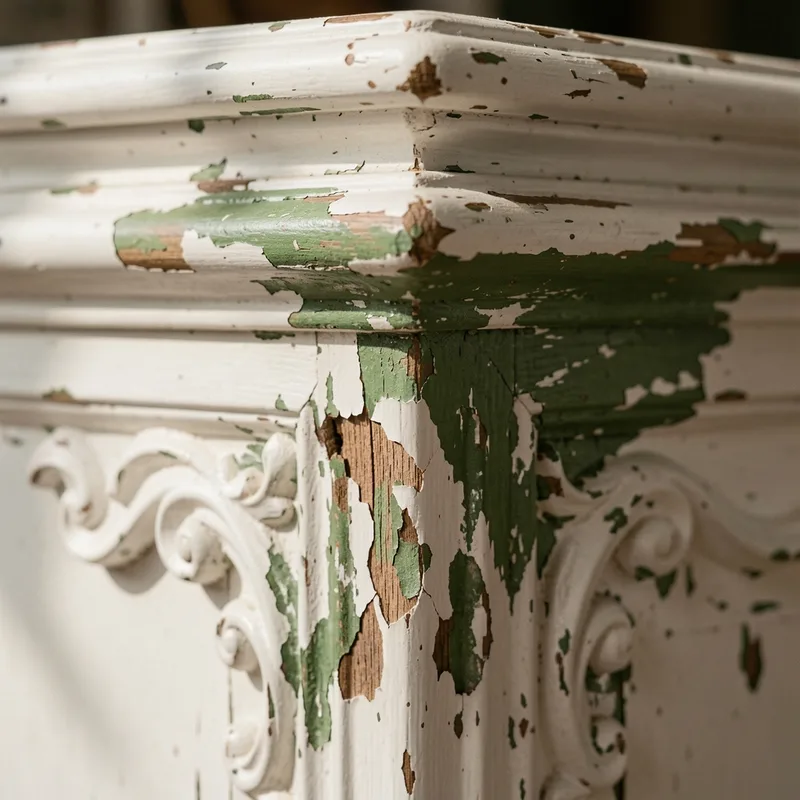 Flanc mouluré d&rsquo;un meuble ancien dont la peinture blanche cloque et s&rsquo;écaille, laissant voir une couche verte plus ancienne