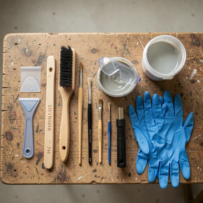 Établi d&rsquo;atelier avec spatules, brosse de chiendent, décapeur thermique et pot de gel décapant alignés