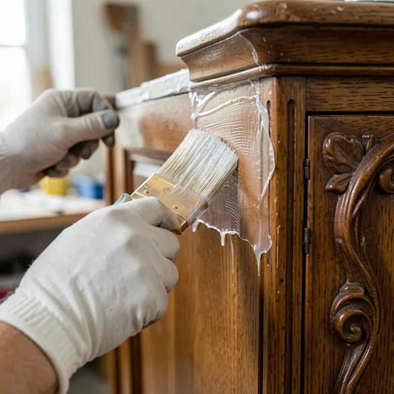 Mains gantées appliquant un gel décapant au pinceau sur le montant sculpté d&rsquo;un meuble ancien