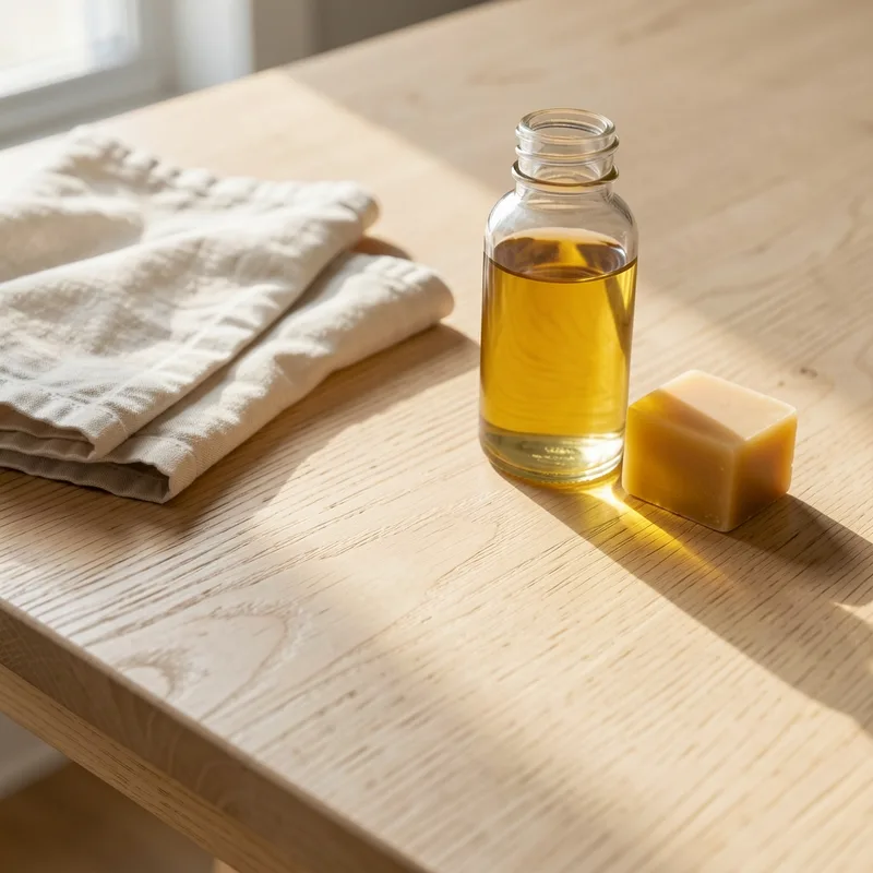 Plateau en bois fraîchement décapé, veinage apparent, chiffon et flacon d&rsquo;huile dure posés à côté
