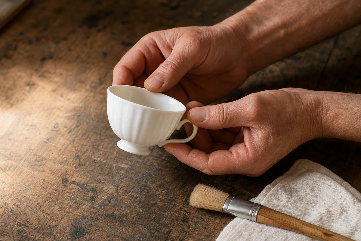 Mains d artisan tenant une tasse en porcelaine blanche au dessus d un etabli de bois, cadrage serre sur les doigts et la piece