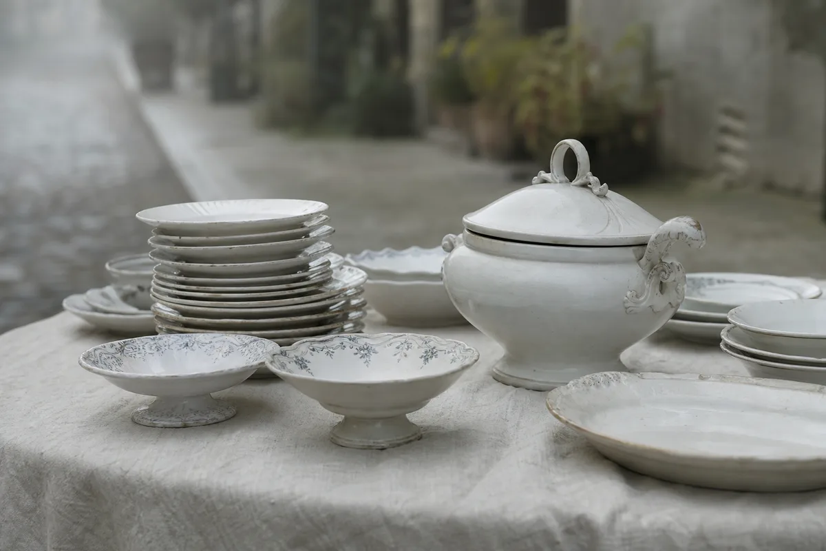 Etal de brocante en plein air avec pile d assiettes anciennes blanches et coupes en porcelaine sur une nappe, lumiere douce du matin