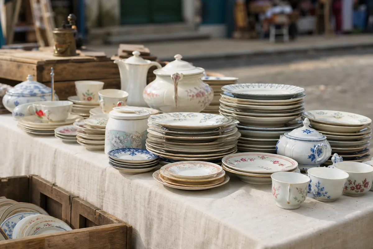 Étal de brocante couvert d&rsquo;assiettes anciennes empilées et de tasses en faïence