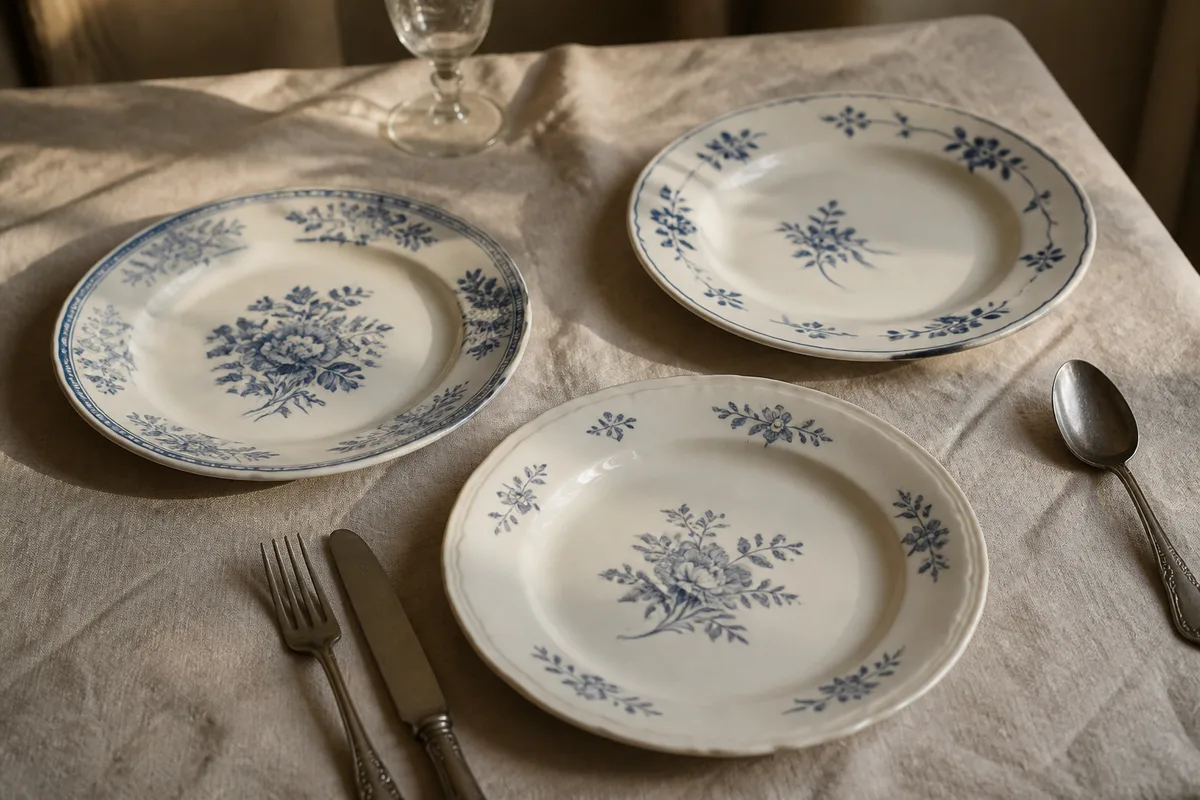 Trois assiettes anciennes dépareillées à décor floral bleu posées sur une nappe de lin claire
