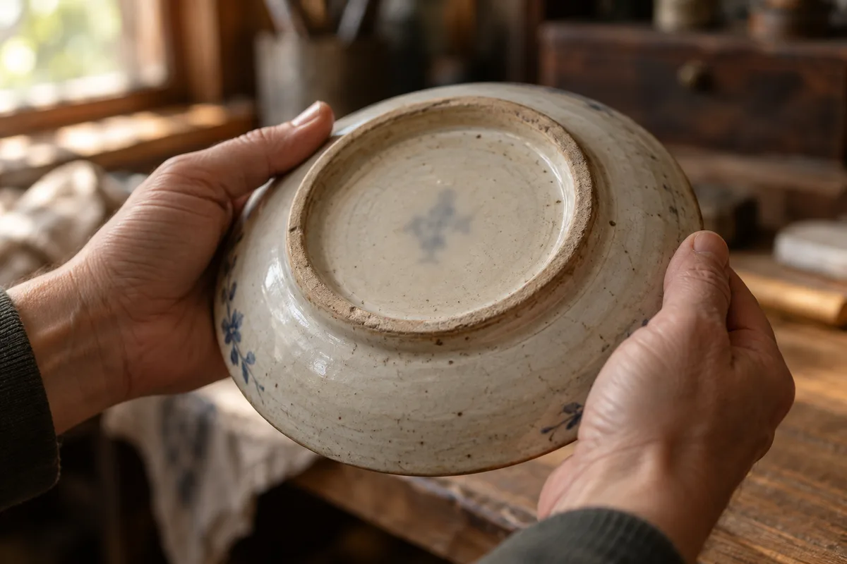 Revers d&rsquo;une assiette en faïence ancienne tenu entre deux mains, cachet adouci par la lumière du jour