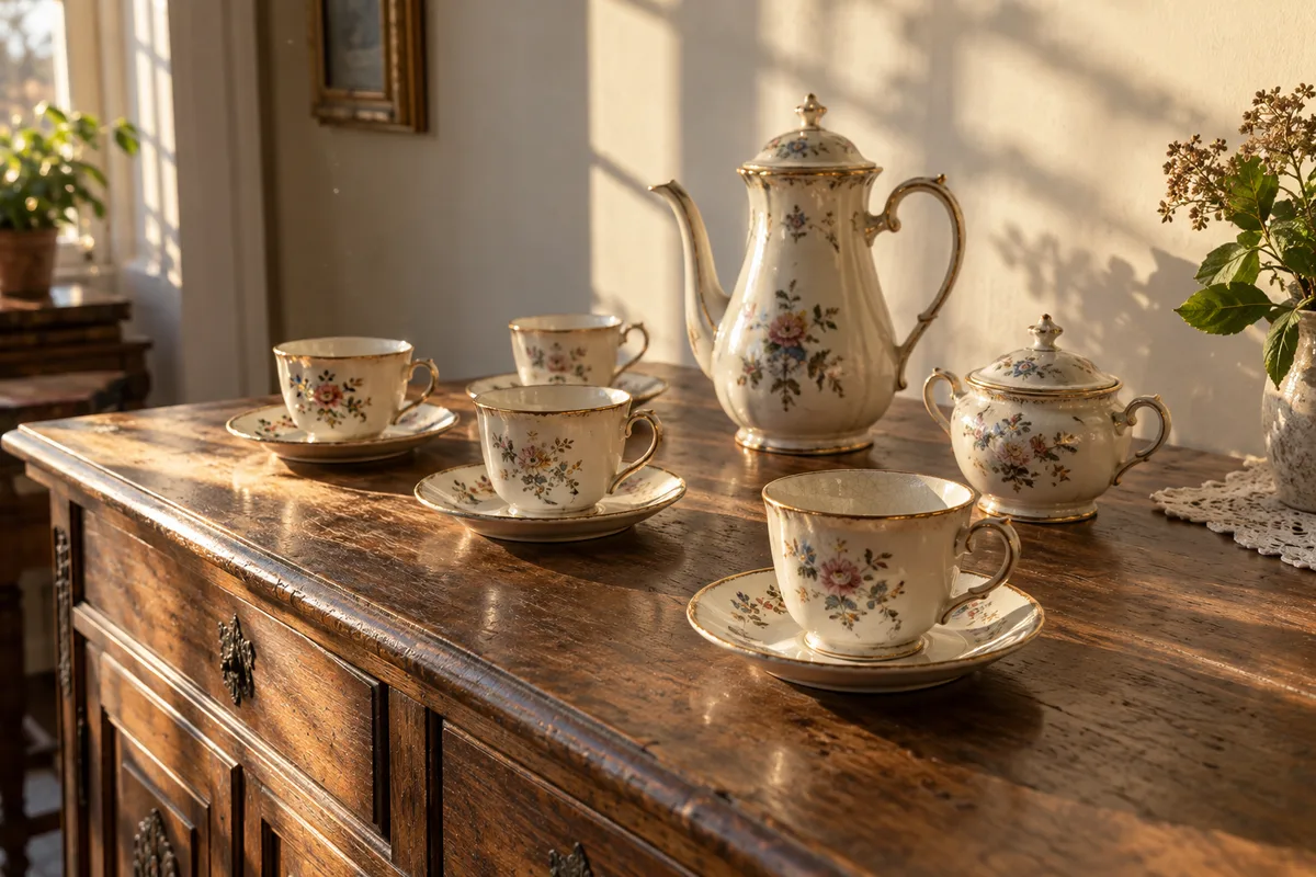 Service à café en faïence ancienne disposé sur un buffet en bois dans une lumière de fin de journée