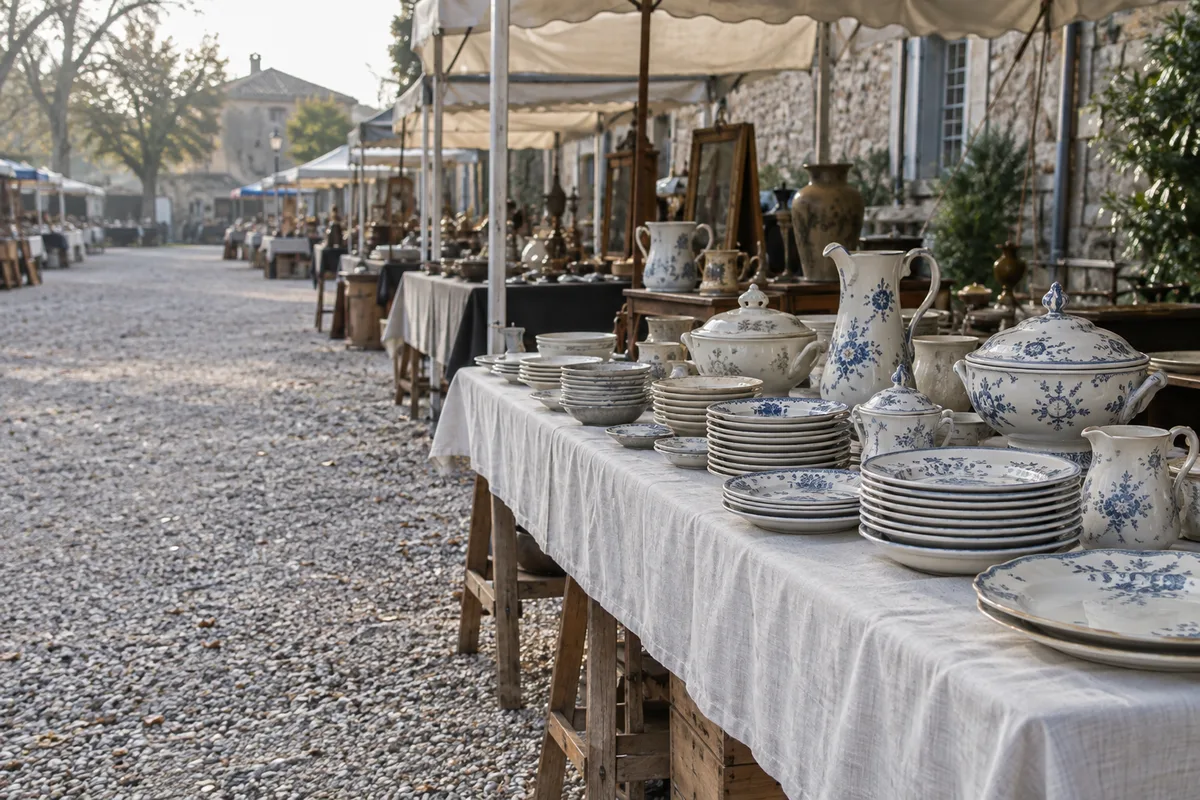 Étal de brocante en plein air couvert de vaisselle ancienne empilée sur une table à tréteaux