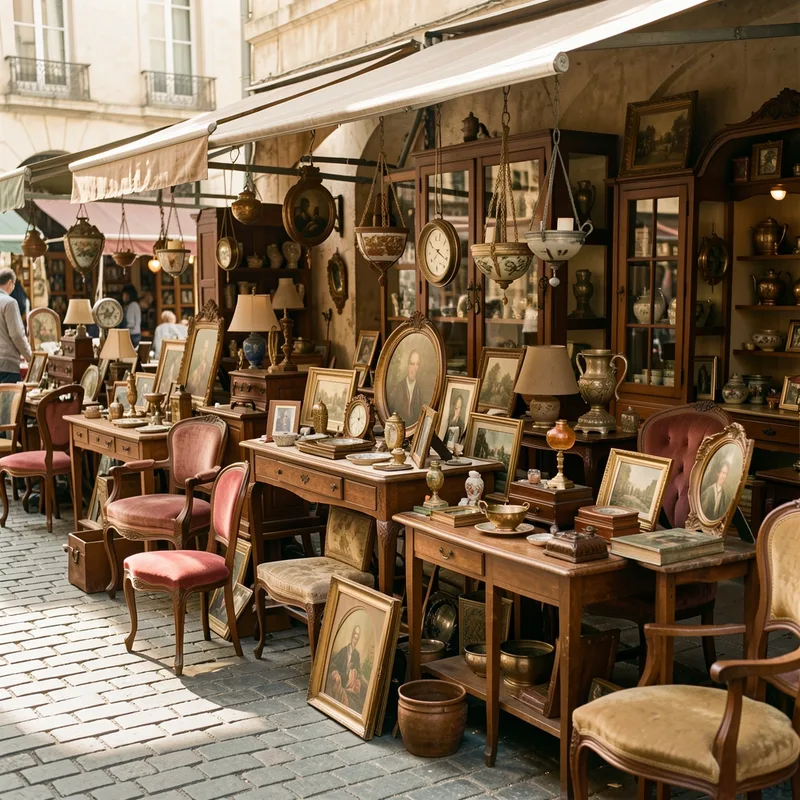 Étal de brocante en plein air avec vaisselle ancienne, lampes en laiton et petit mobilier vintage